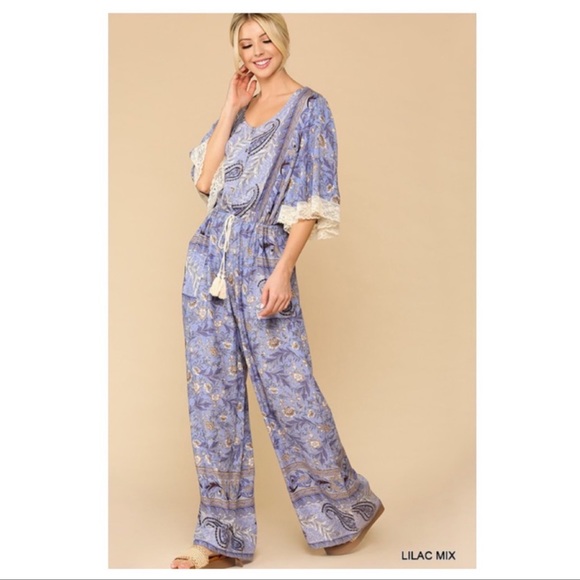 Wide Leg Flutter Sleeve Lilac Jumpsit - Picture 3 of 7